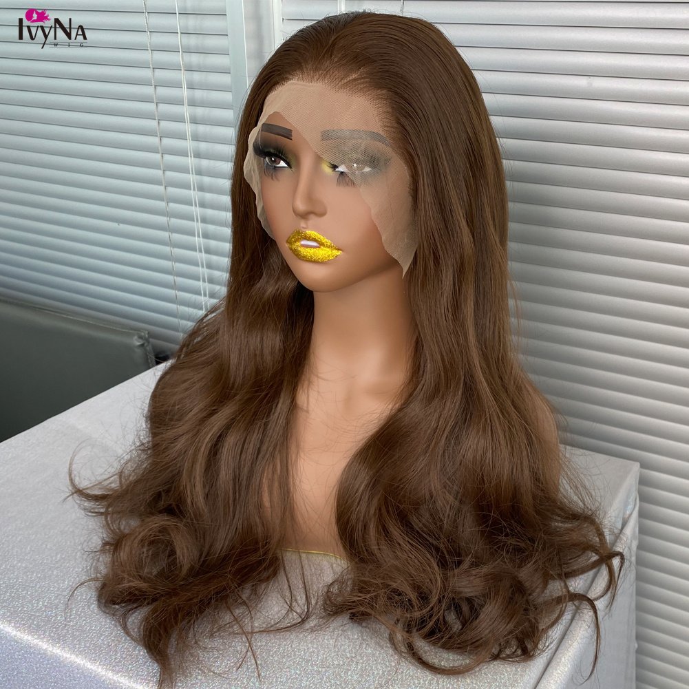 Long 6# Brown Futura 13x6 Synthetic Hair Lace Front Wigs for Black Women Body Wave Heat Resistant Lace Frontal Wig Deep Part