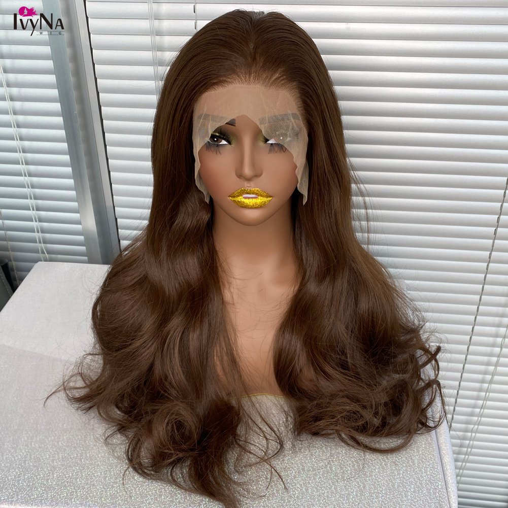 Long 6# Brown Futura 13x6 Synthetic Hair Lace Front Wigs for Black Women Body Wave Heat Resistant Lace Frontal Wig Deep Part