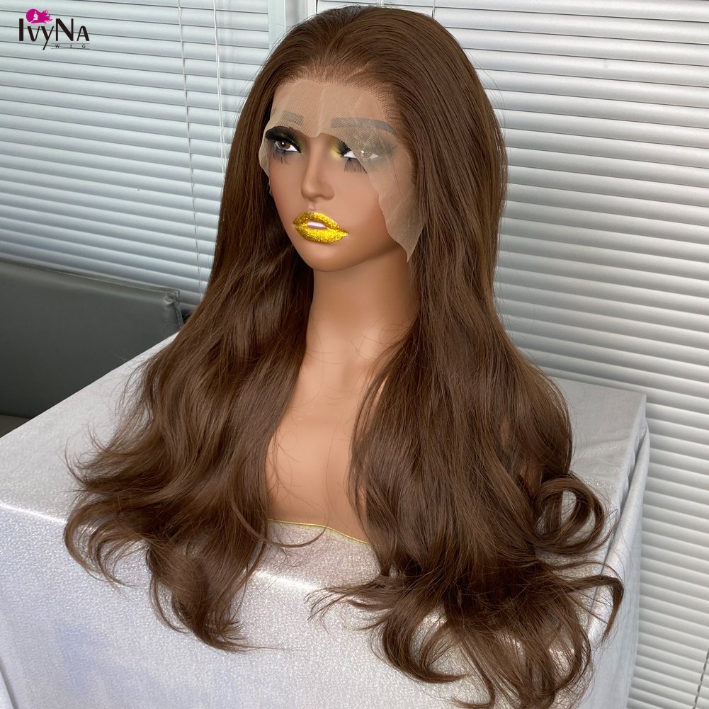 Long 6# Brown Futura 13x6 Synthetic Hair Lace Front Wigs for Black Women Body Wave Heat Resistant Lace Frontal Wig Deep Part