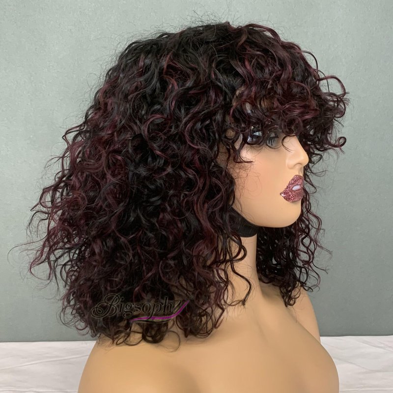 Wholesale Indian Virgin Human Hair 12 Inch,Female Human Hair Wig Luxury Curly,Short Luxury Bob Human Hair Bangs Wig No Lace