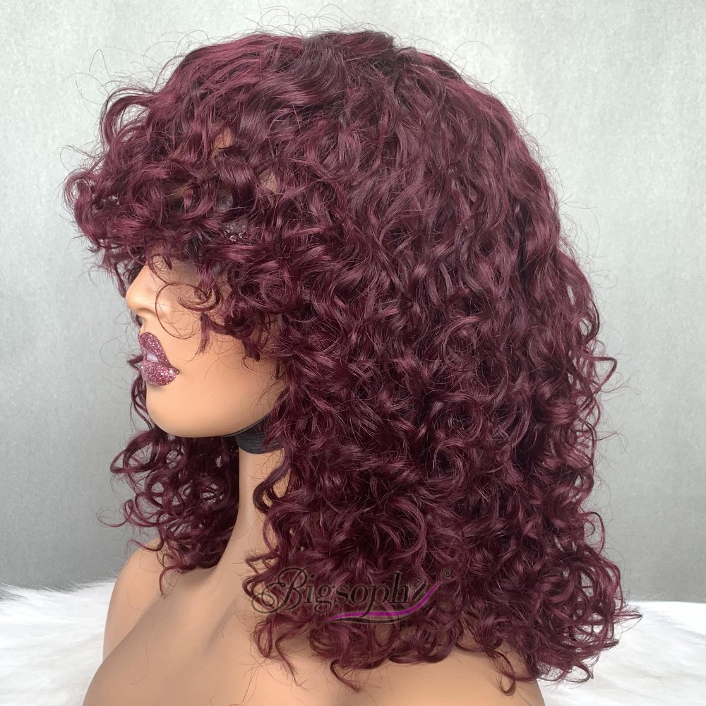 Wholesale Indian Virgin Human Hair 12 Inch,Female Human Hair Wig Luxury Curly,Short Luxury Bob Human Hair Bangs Wig No Lace