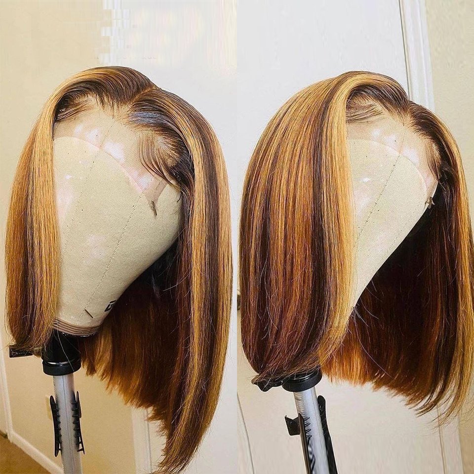 Honey Blonde Ombre Highlight 13x4 Lace Wig Straight Short Bob Wig Highlighted Transparent Lace Frontal Human Hair Wigs For Women