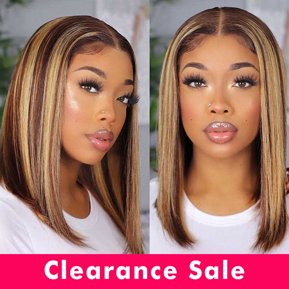 Honey Blonde Ombre Highlight 13x4 Lace Wig Straight Short Bob Wig Highlighted Transparent Lace Frontal Human Hair Wigs For Women