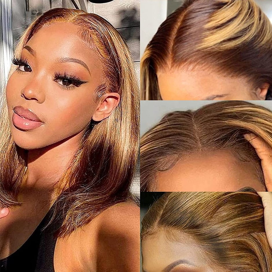 Honey Blonde Ombre Highlight 13x4 Lace Wig Straight Short Bob Wig Highlighted Transparent Lace Frontal Human Hair Wigs For Women