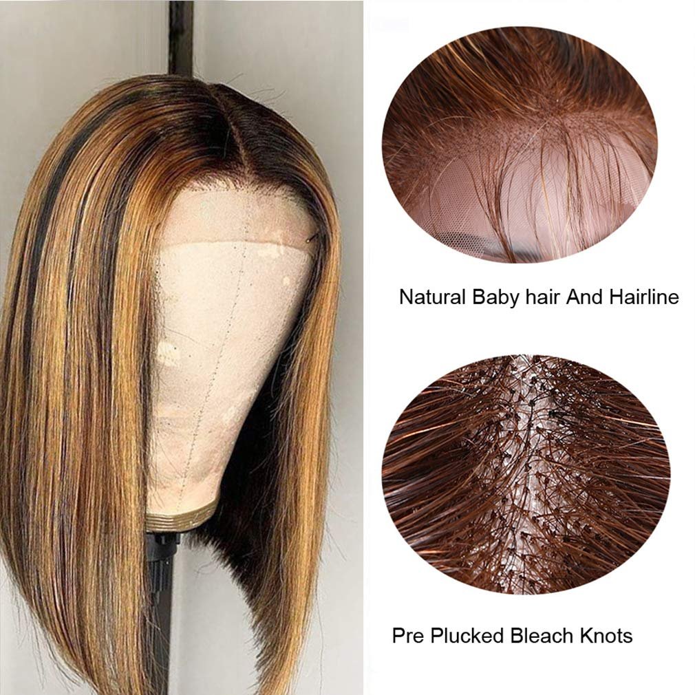 Honey Blonde Ombre Highlight 13x4 Lace Wig Straight Short Bob Wig Highlighted Transparent Lace Frontal Human Hair Wigs For Women