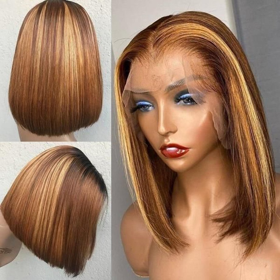 Honey Blonde Ombre Highlight 13x4 Lace Wig Straight Short Bob Wig Highlighted Transparent Lace Frontal Human Hair Wigs For Women