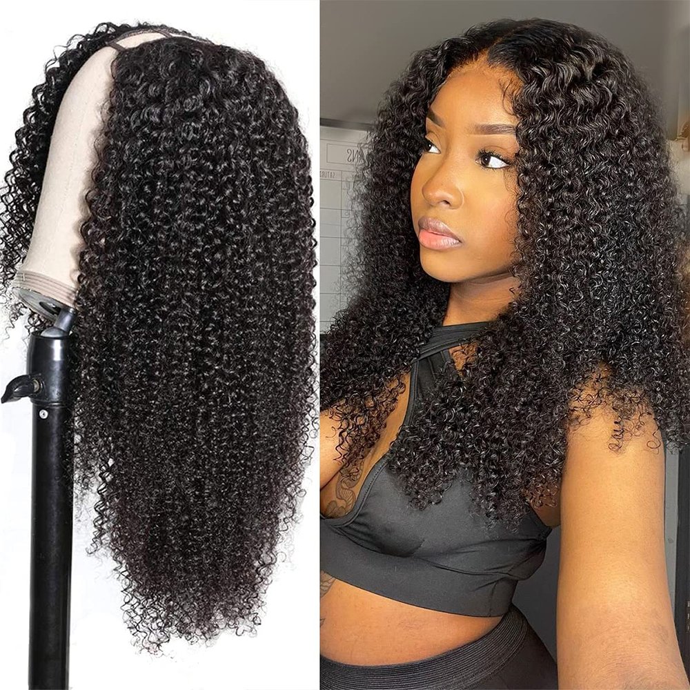 V Part Kinky Curly Human Hair Wigs Non Lace Virgin Hair Wigs Natural Black Color Curly Human Hair Wigs For Sale