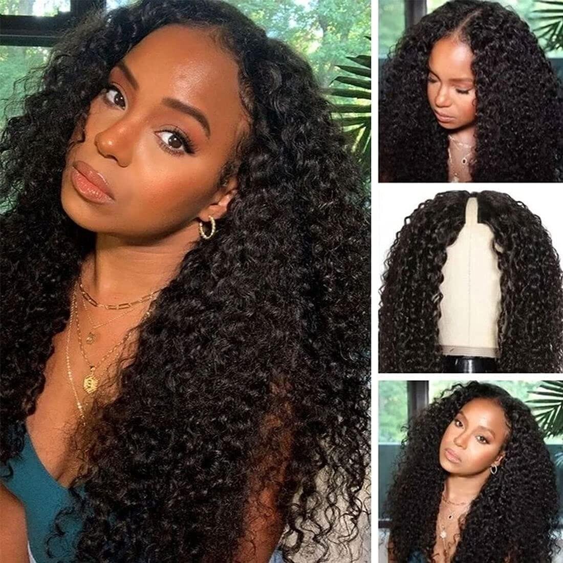 V Part Kinky Curly Human Hair Wigs Non Lace Virgin Hair Wigs Natural Black Color Curly Human Hair Wigs For Sale