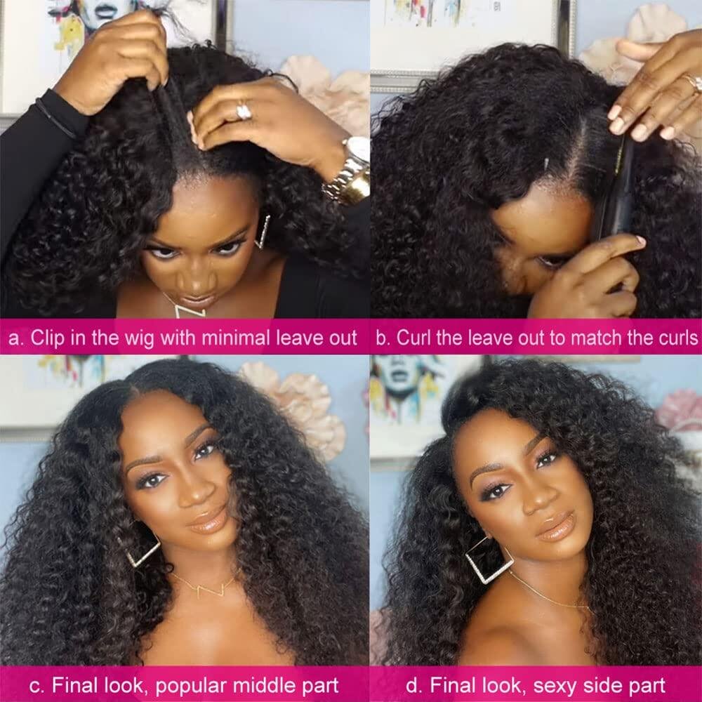 V Part Kinky Curly Human Hair Wigs Non Lace Virgin Hair Wigs Natural Black Color Curly Human Hair Wigs For Sale