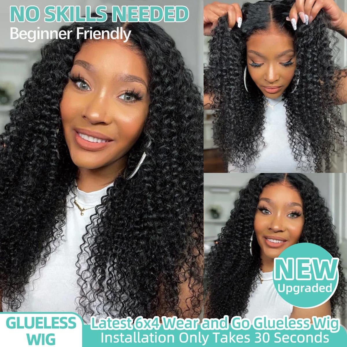 Beginner Friendly Kinky Curly Glueless Wig Cuticle Aligned Raw Indian 100% Human Hair Pre Plucked No Glue Wear And Go Wigs