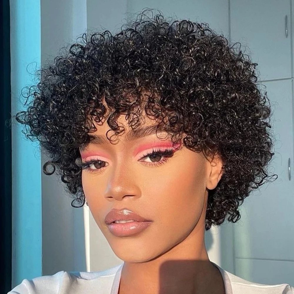 Pixie Cut Short Curly Human Hair Wigs With Bangs Machine Made Real Hair Wigs