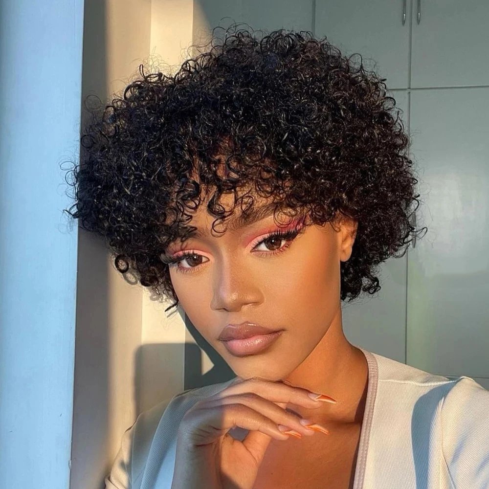 Pixie Cut Short Curly Human Hair Wigs With Bangs Machine Made Real Hair Wigs