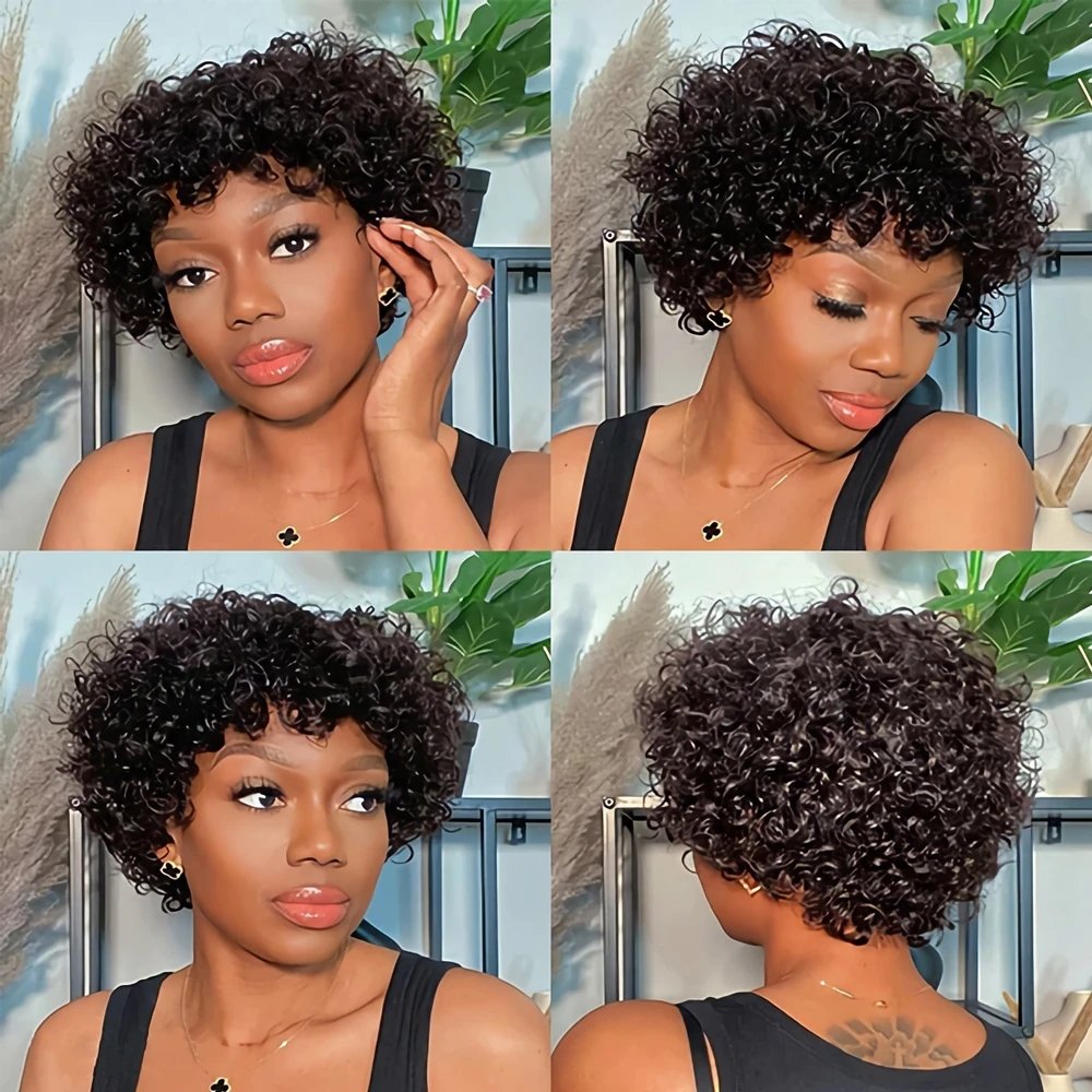 Pixie Cut Short Curly Human Hair Wigs With Bangs Machine Made Real Hair Wigs