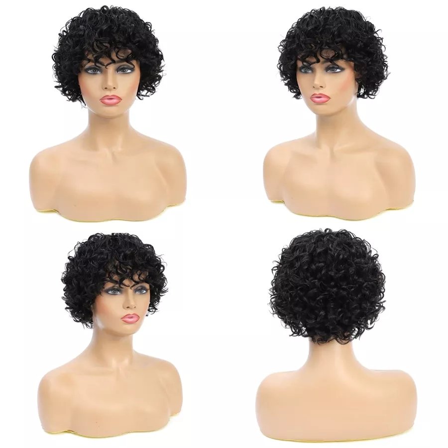 Pixie Cut Short Curly Human Hair Wigs With Bangs Machine Made Real Hair Wigs