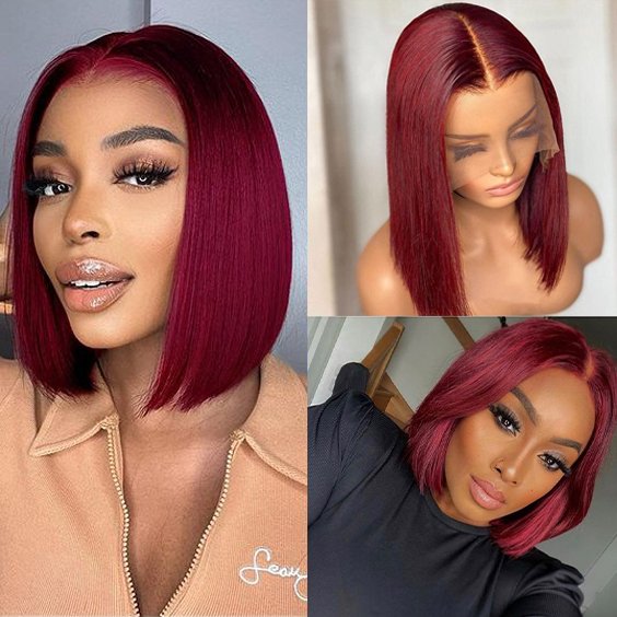Raw Virgin Transparent 13x4 Lace Frontal Human Hair Wigs,180% Remy Straight 99J Colored Bob Wig Human Hair Lace Frontal