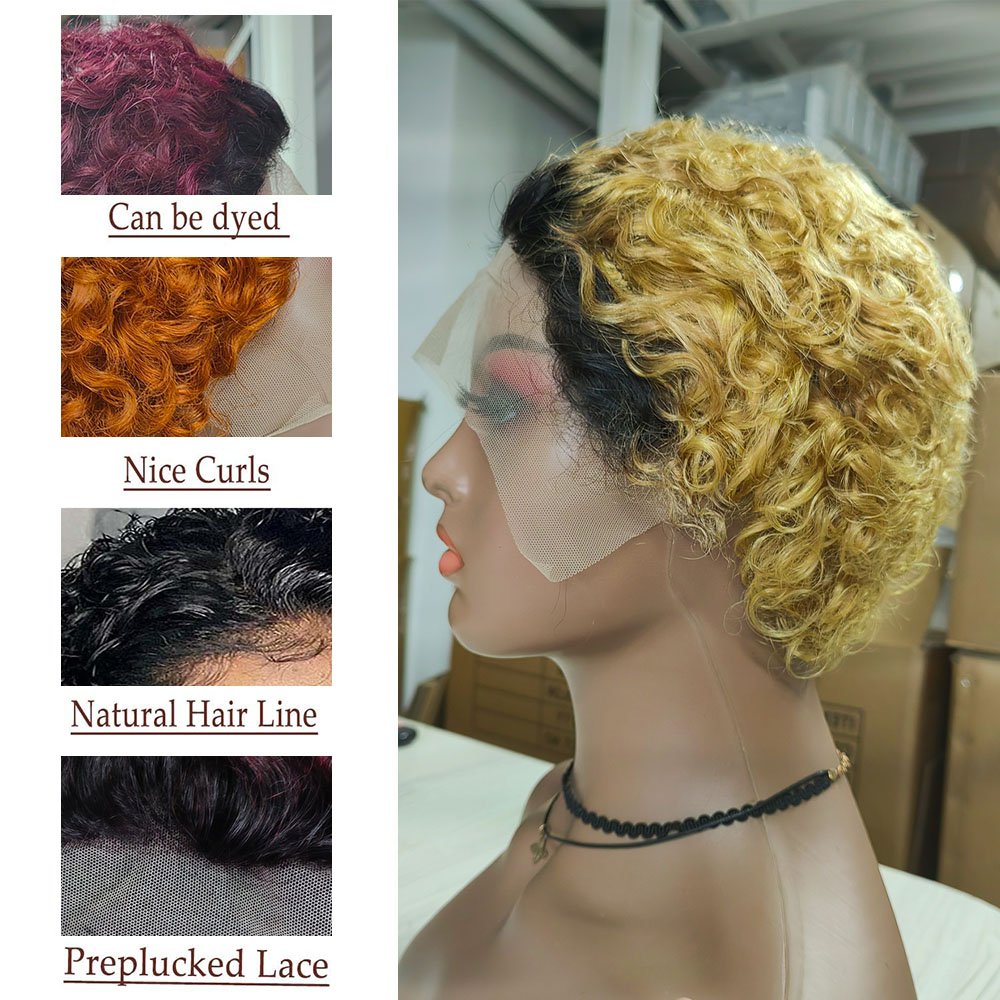 Sufficient Stock 13x1 Lace Frontal Pixie Curl Wig 100% Human Hair #1B/27 Curly Bob Short Pixie Cut Lace Wig For Black Women