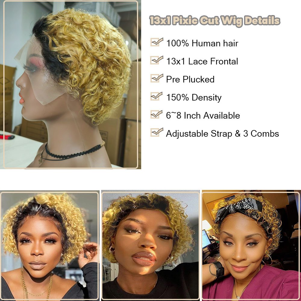 Sufficient Stock 13x1 Lace Frontal Pixie Curl Wig 100% Human Hair #1B/27 Curly Bob Short Pixie Cut Lace Wig For Black Women