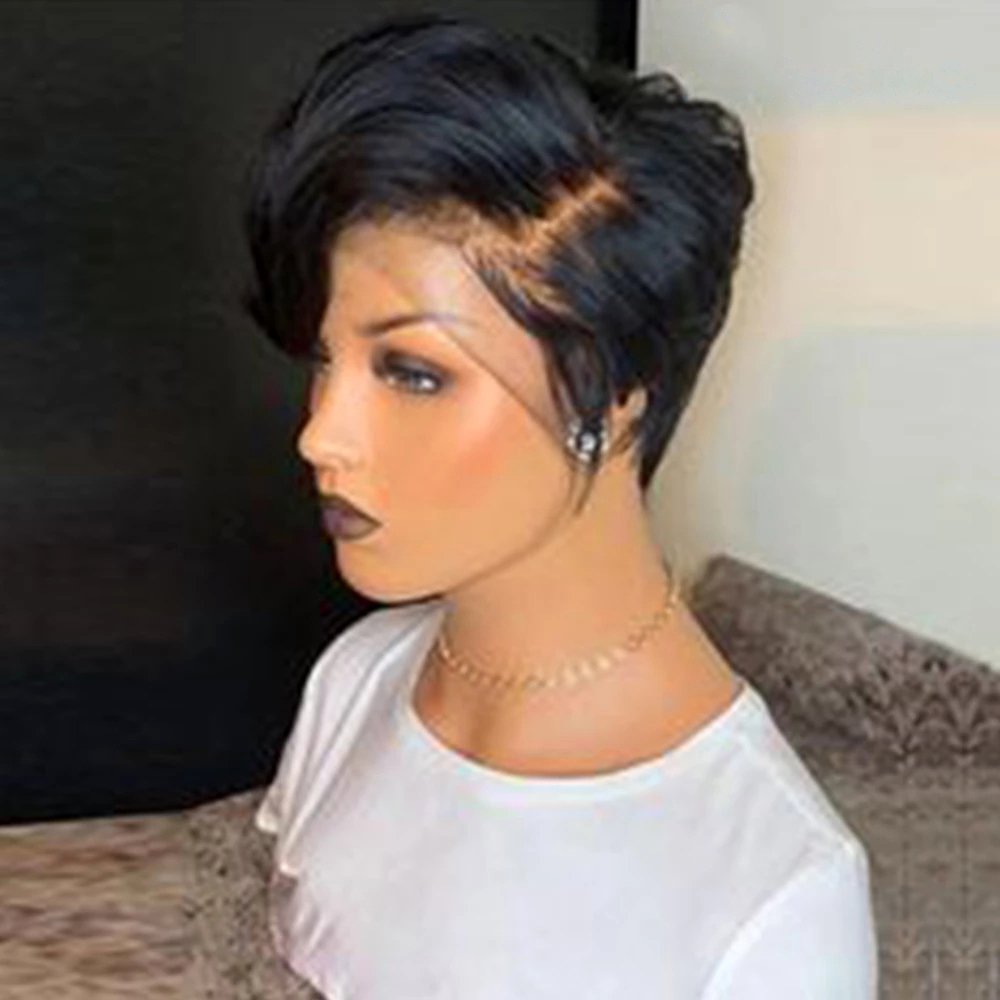 Short Pixie Cut Wig Human Hair 12A Lace Front Human Hair Wigs for Women Natural Black Bob Straight Lace Wigs for Women 8-10"