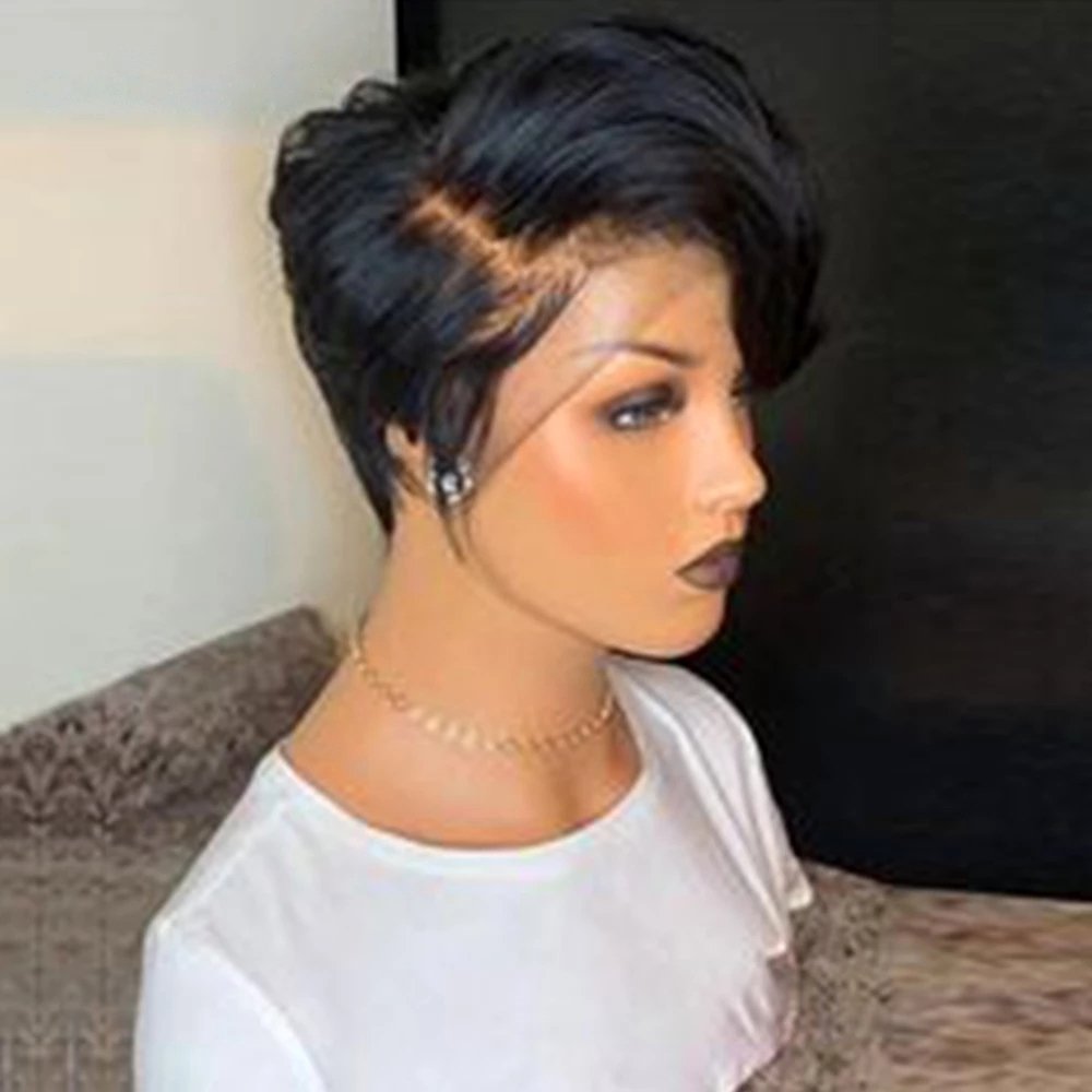 Short Pixie Cut Wig Human Hair 12A Lace Front Human Hair Wigs for Women Natural Black Bob Straight Lace Wigs for Women 8-10"
