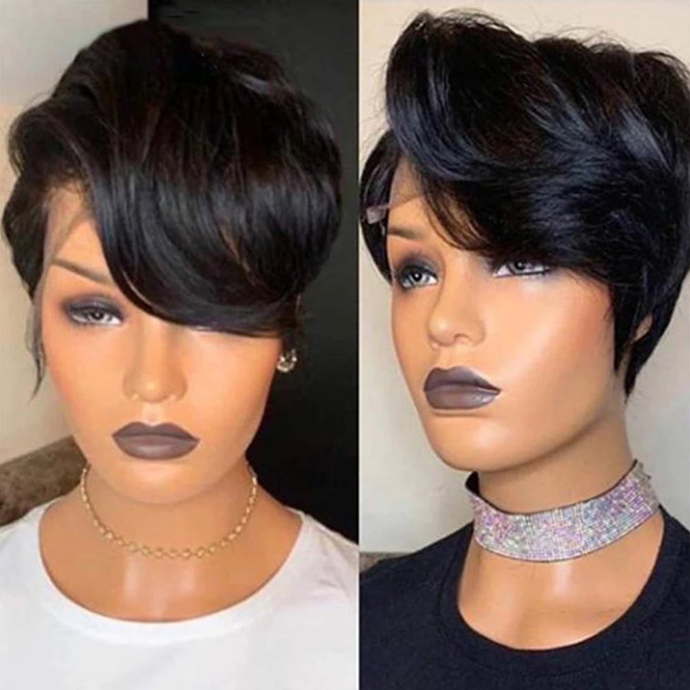 Short Pixie Cut Wig Human Hair 12A Lace Front Human Hair Wigs for Women Natural Black Bob Straight Lace Wigs for Women 8-10"