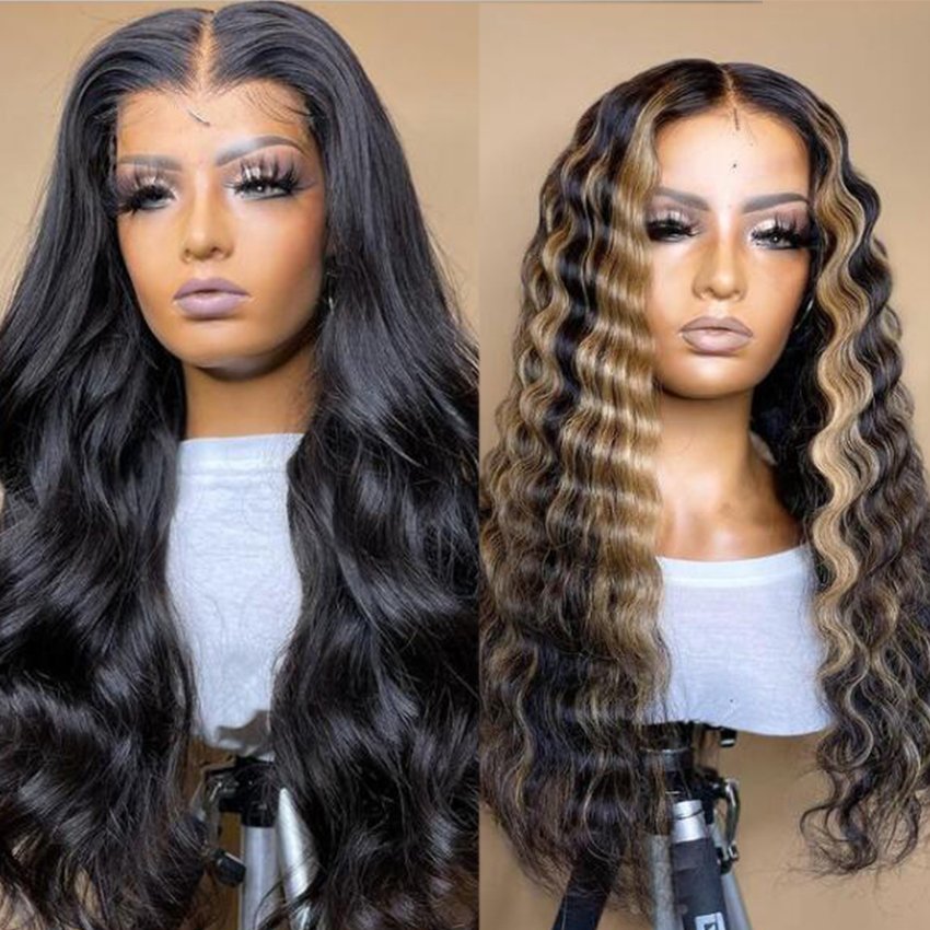 Ombre Highlight Lace Front Human Hair Wig Brown Blonde Mixed Color, Brazilian Remy Straight Hair 13X4 Lace Frontal Wig