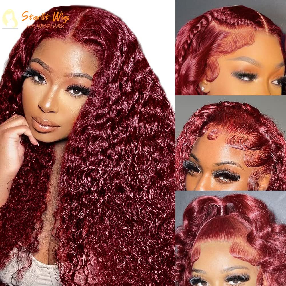 99J Burgundy Deep Wave Human Hair 13x4 180% Density Transparent Lace Frontal Wigs Curly Wigs Red Curly Wigs