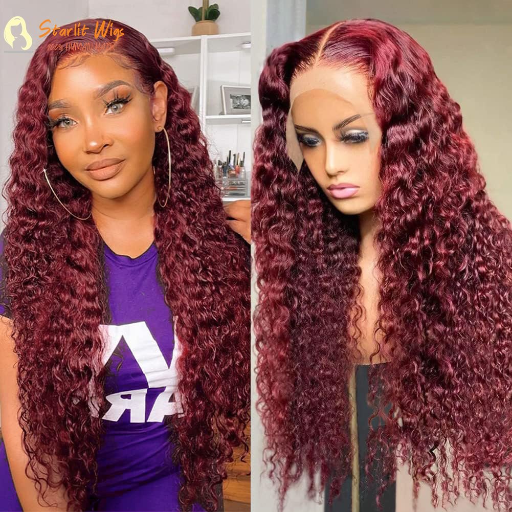 99J Burgundy Deep Wave Human Hair 13x4 180% Density Transparent Lace Frontal Wigs Curly Wigs Red Curly Wigs