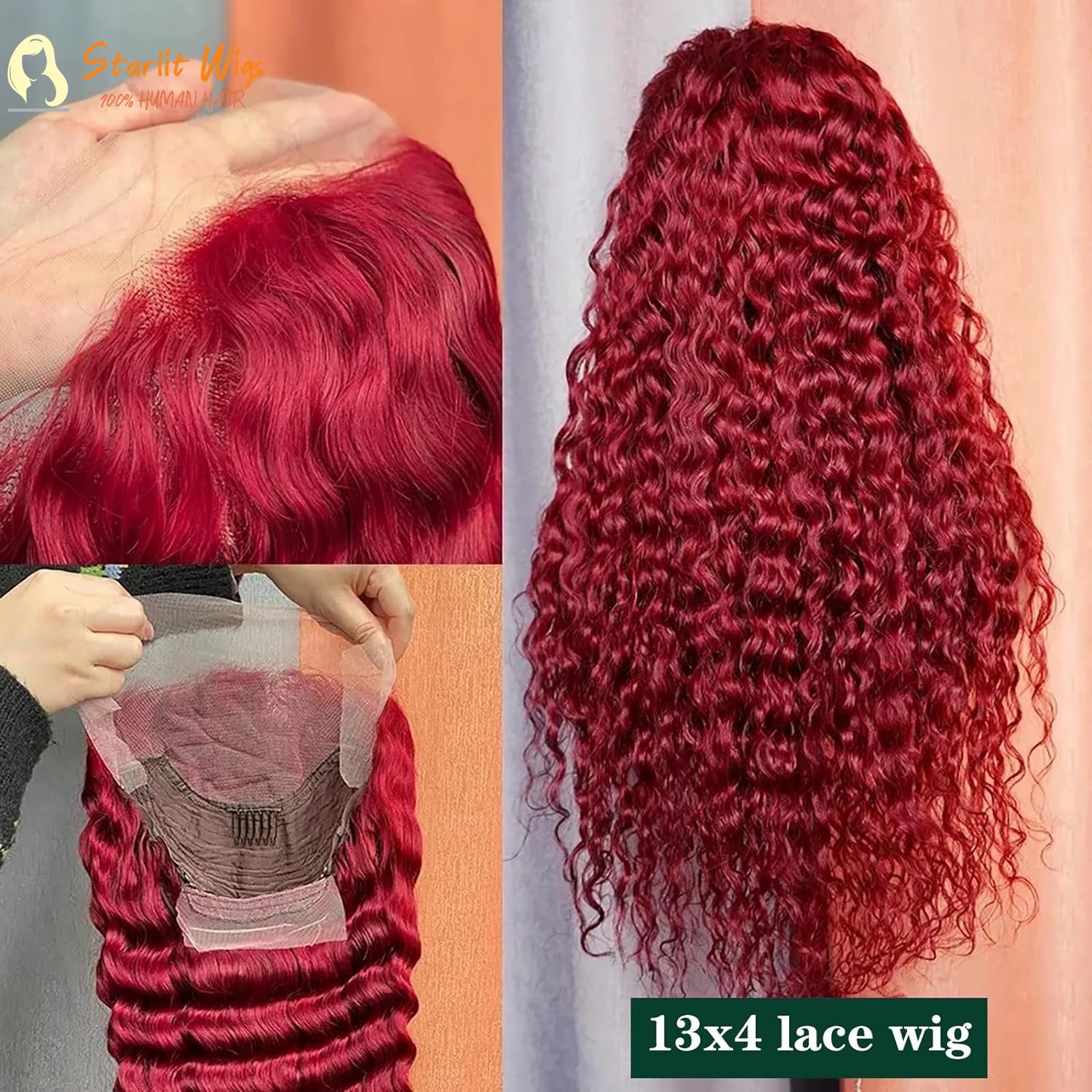 99J Burgundy Deep Wave Human Hair 13x4 180% Density Transparent Lace Frontal Wigs Curly Wigs Red Curly Wigs