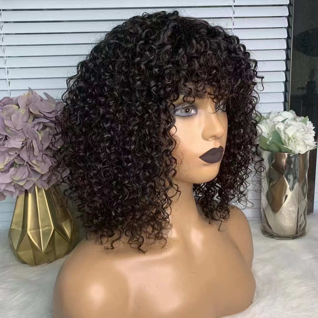 ON SALE Wholesale stock African American curly BOB wigs full machine made cheap pixie curl human hair wig with bang