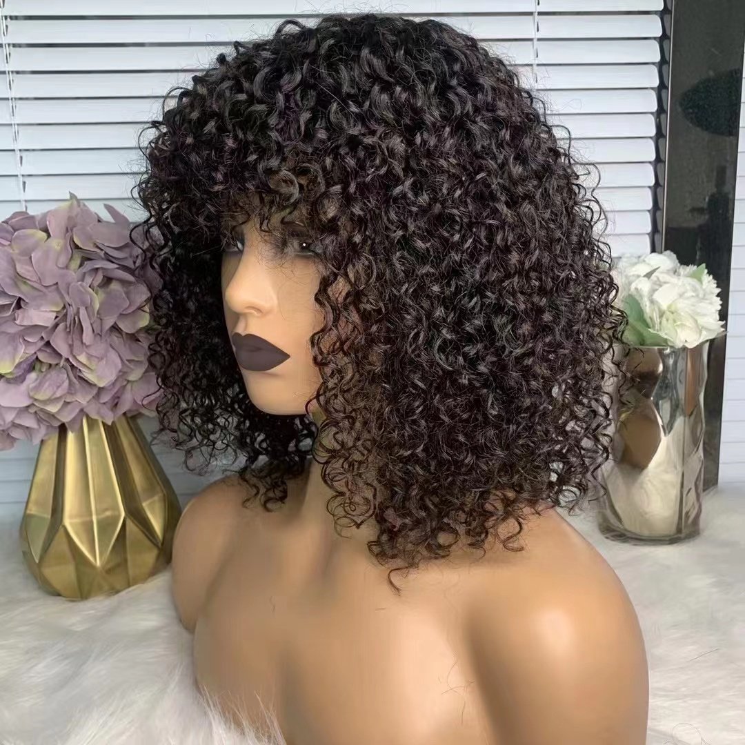 ON SALE Wholesale stock African American curly BOB wigs full machine made cheap pixie curl human hair wig with bang