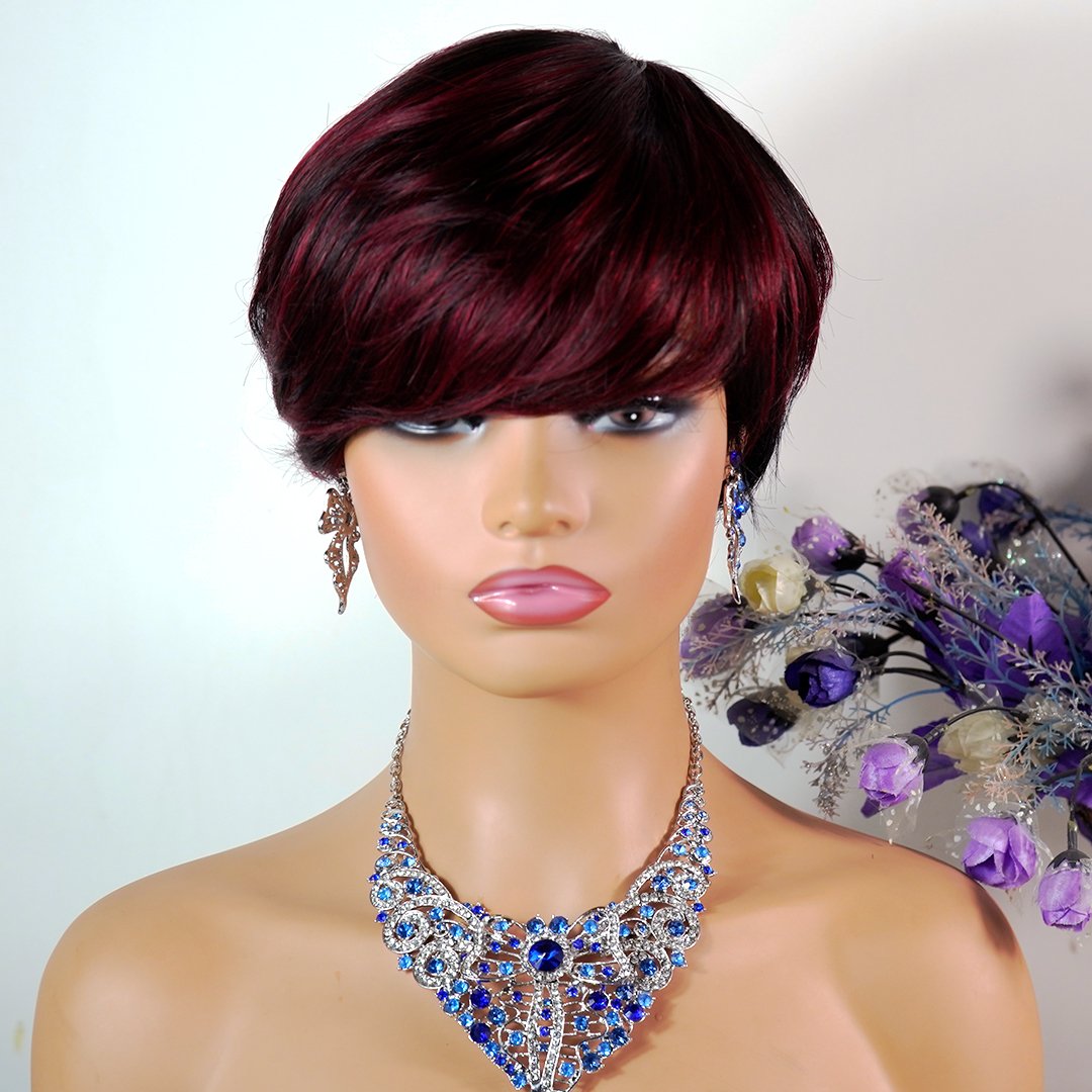 Pre Plucked Indian Virgin Ginger Orange Straight Short Pixie Cut Human Hair Wigs for Black Women
