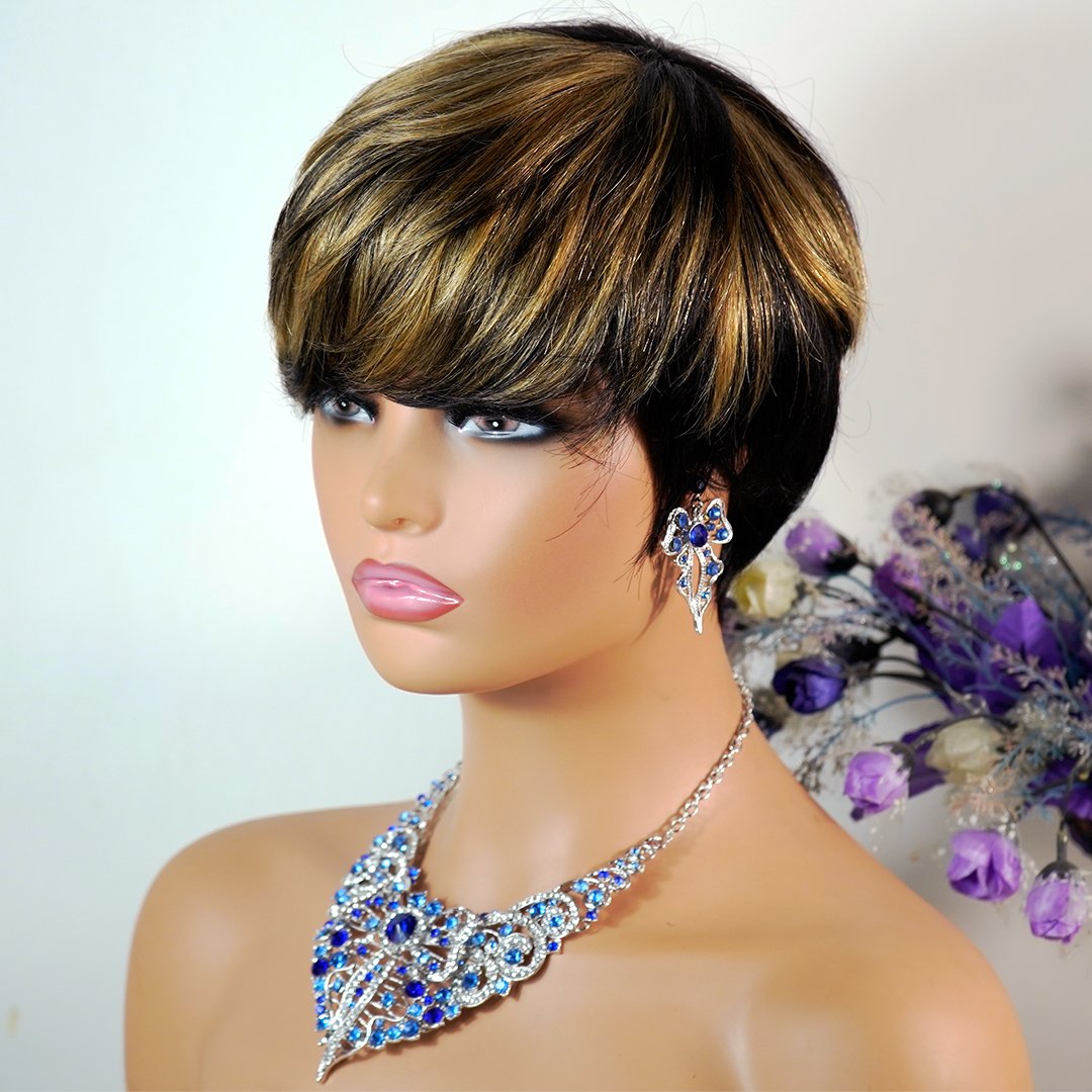 Pre Plucked Indian Virgin Ginger Orange Straight Short Pixie Cut Human Hair Wigs for Black Women