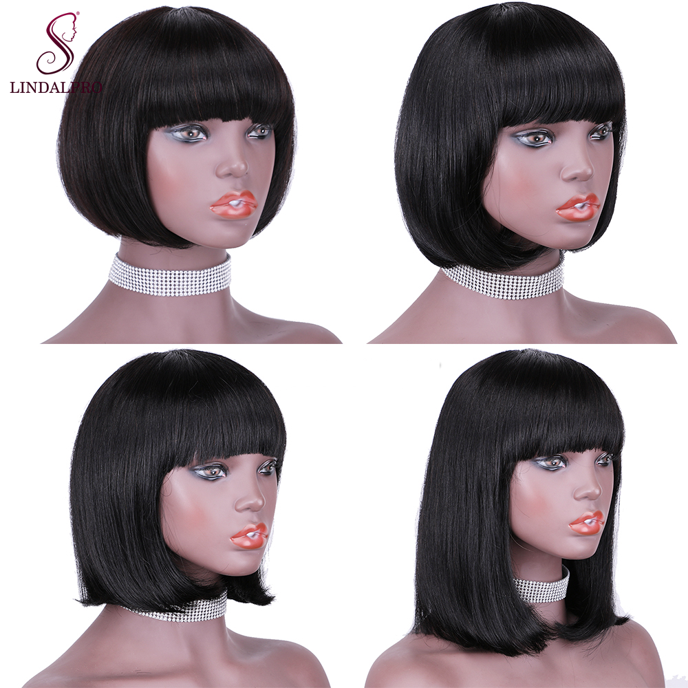 Short Bob Human Hair Wigs with Bangs None Lace Front Wigs Brazilian Straight Hair Machine Made Bob Wig for Black Women Natural