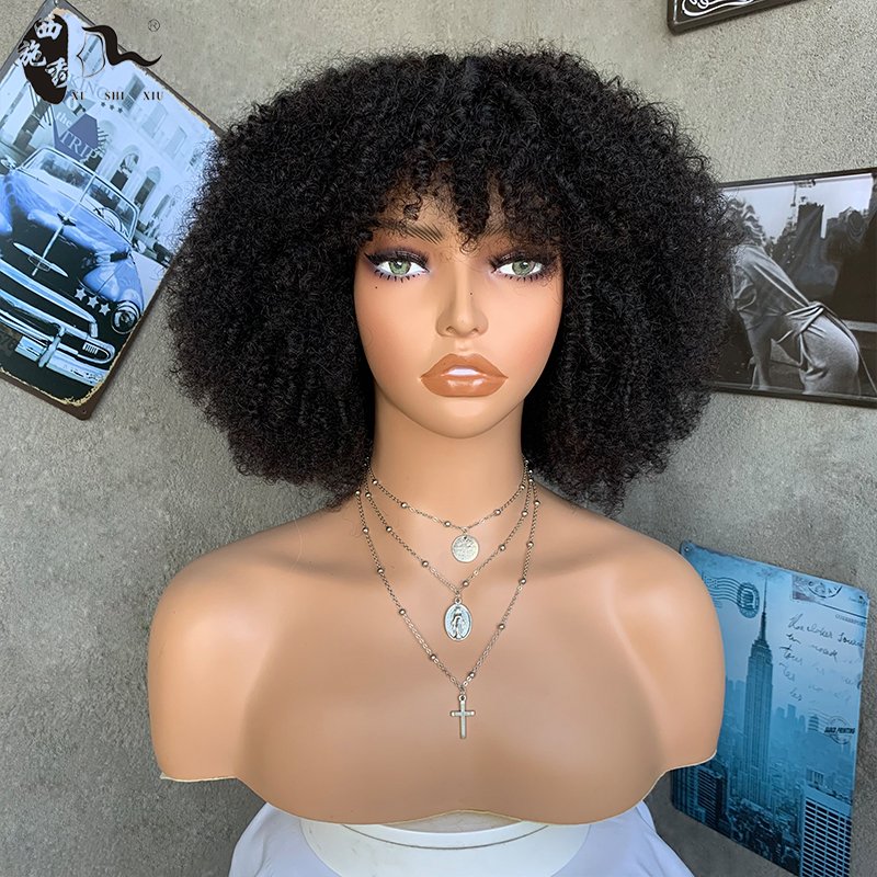 Pixie Curls Wig 100% Virgin Human Hair Wholesale Peruvian Bob Wigs 210% Density Natural Raw Wigs with Bangs for Black Women