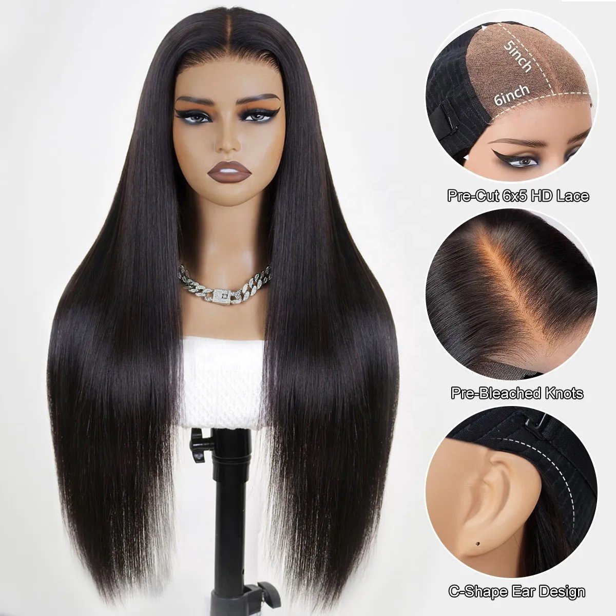 200% Glueless Pre plucked Human Hair Wigs Ready To Go 6x5 HD Closure Wig Wear Go Bleached Knots Lace Front Wig For Women