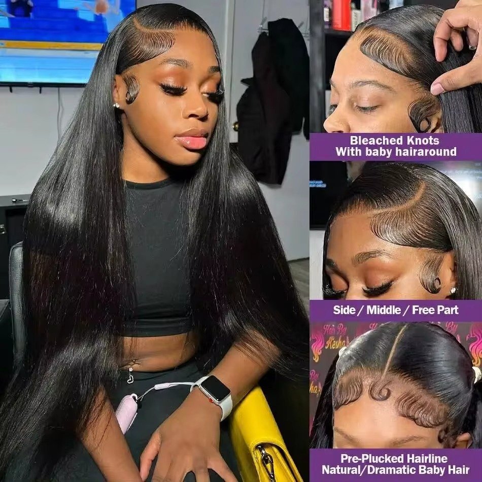 Qeenfy hair upGrade Bleached Knots Transparent Brazilian Human Hair Wigs Straight 200 Density 6x4 Lace Frontal wigs for woman