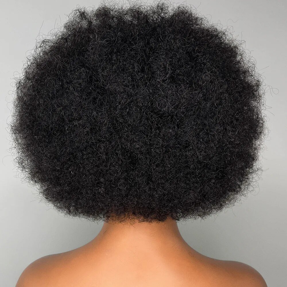 Fluffy Afro Kinky Curly Human Hair Wig With Thick Bang 250% Density Machine Made Short Bob Wigs For Women