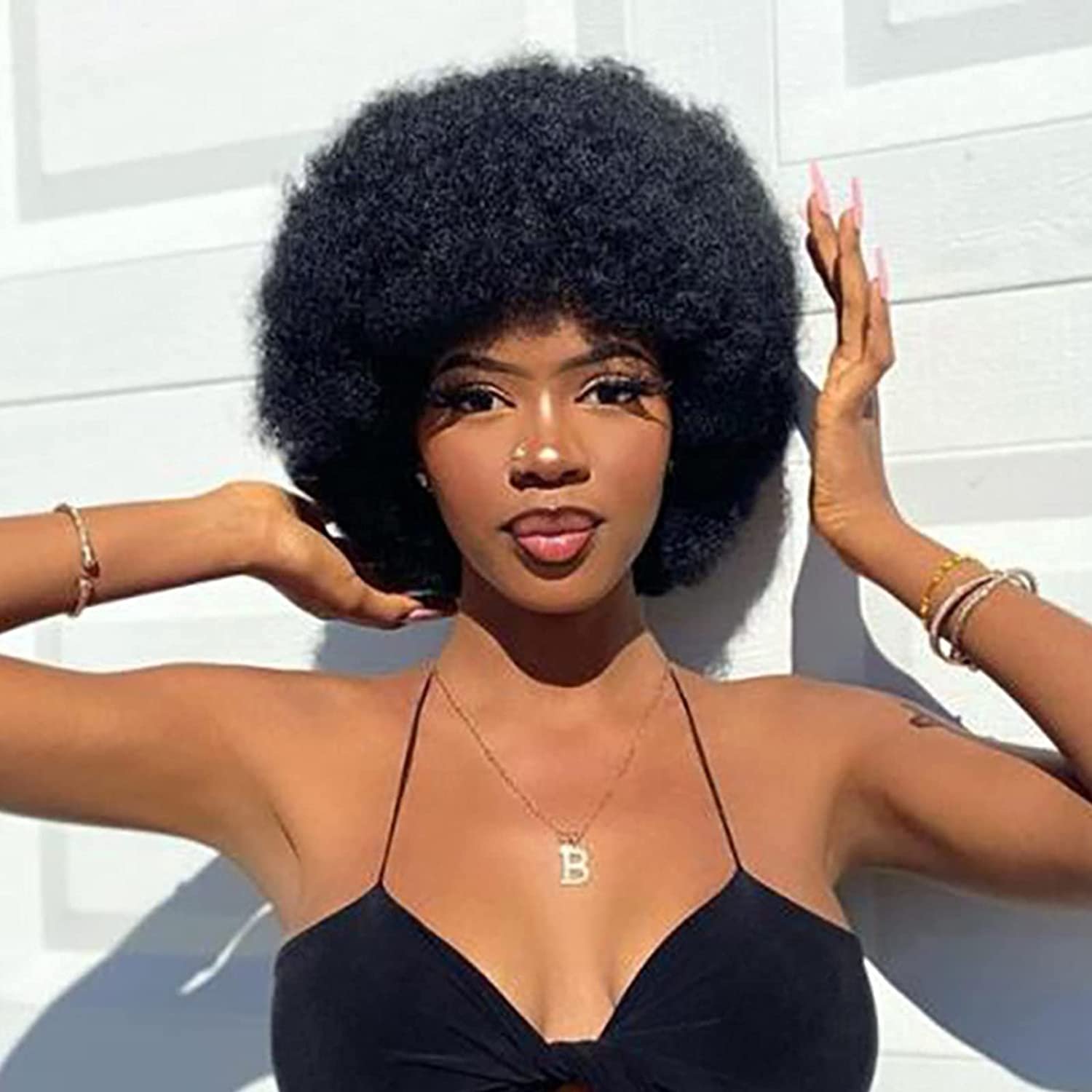 Fluffy Afro Kinky Curly Human Hair Wig With Thick Bang 250% Density Machine Made Short Bob Wigs For Women