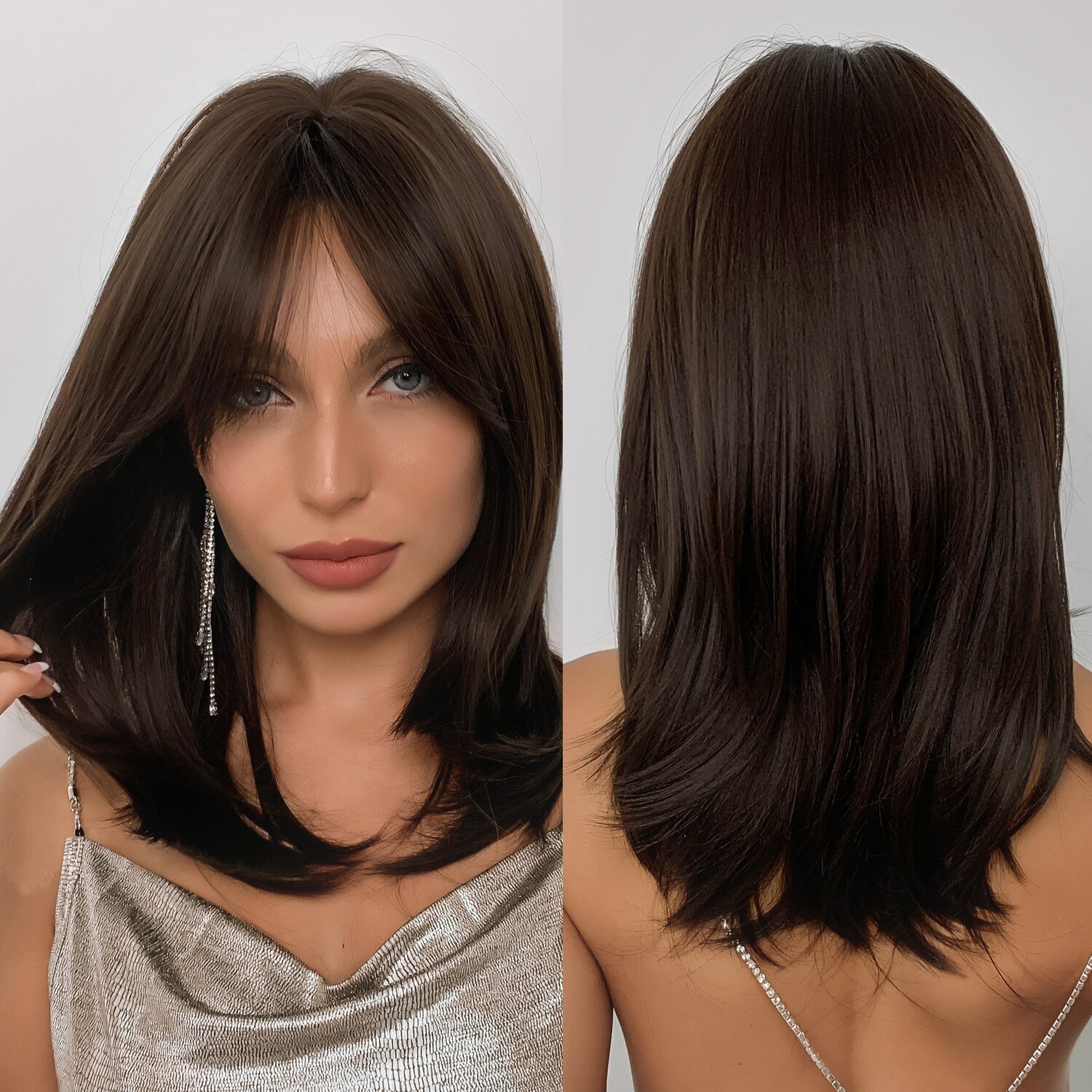 Wholesale Heat Resistant Synthetic Fiber Wig Dark Brown Straight Wigs with Bangs Long Wavy Brown Human Hair Wig for Women Daily