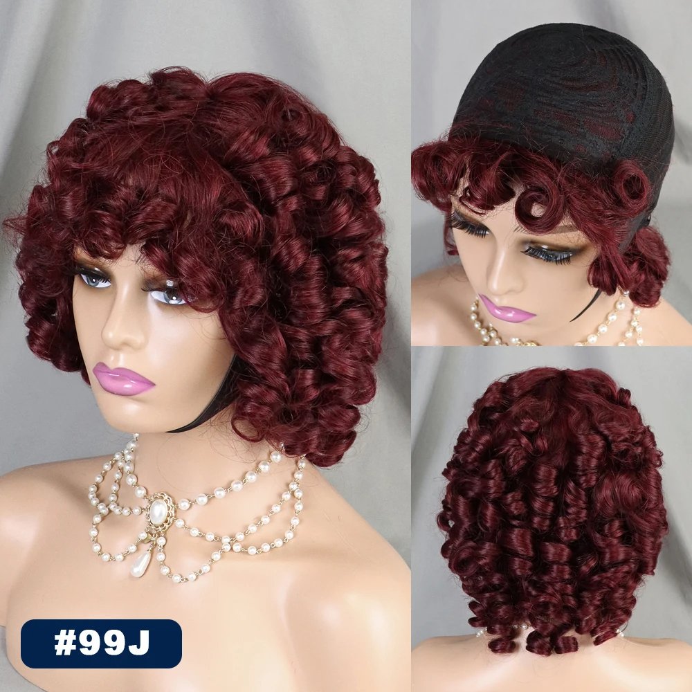 10 Inch Bouncy Curly Short Human hair Loose Wave Wig Glueless Human Hair Wig Full Machine Made Wig Ready to Wear for Women