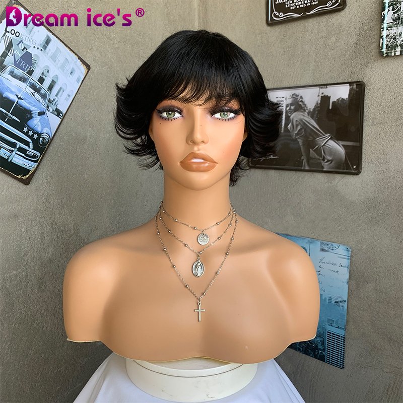 Short Pixie Cut Human Hair Wigs, Short Bob Wigs for Black Womens, Machine Made Natural Color Cheap Glueless Wigs Human Hair