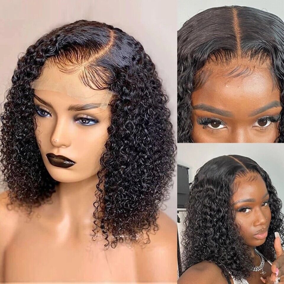 13X4 Jerry Curly Short Black Bob Wig with Transparent Lace Wigs Curly PrePlucked Remy Human Hair Wigs