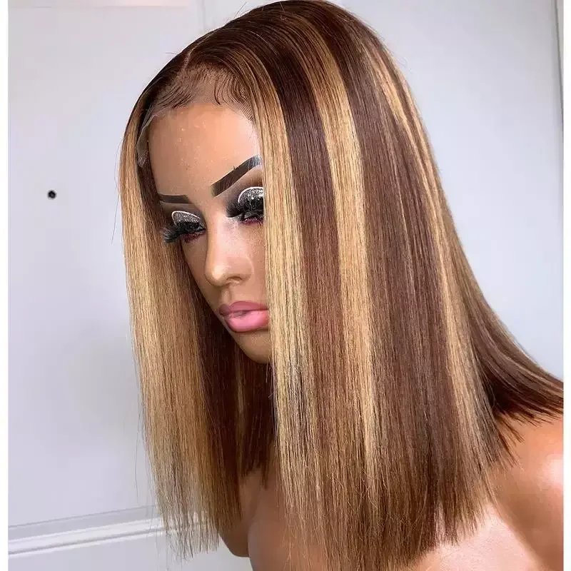 Best Vendor wholesale P4/27 Color Brazilian Human Hair Lace Wigs, Pre Plucked Straight Hair Short Bob Wigs For Black Women