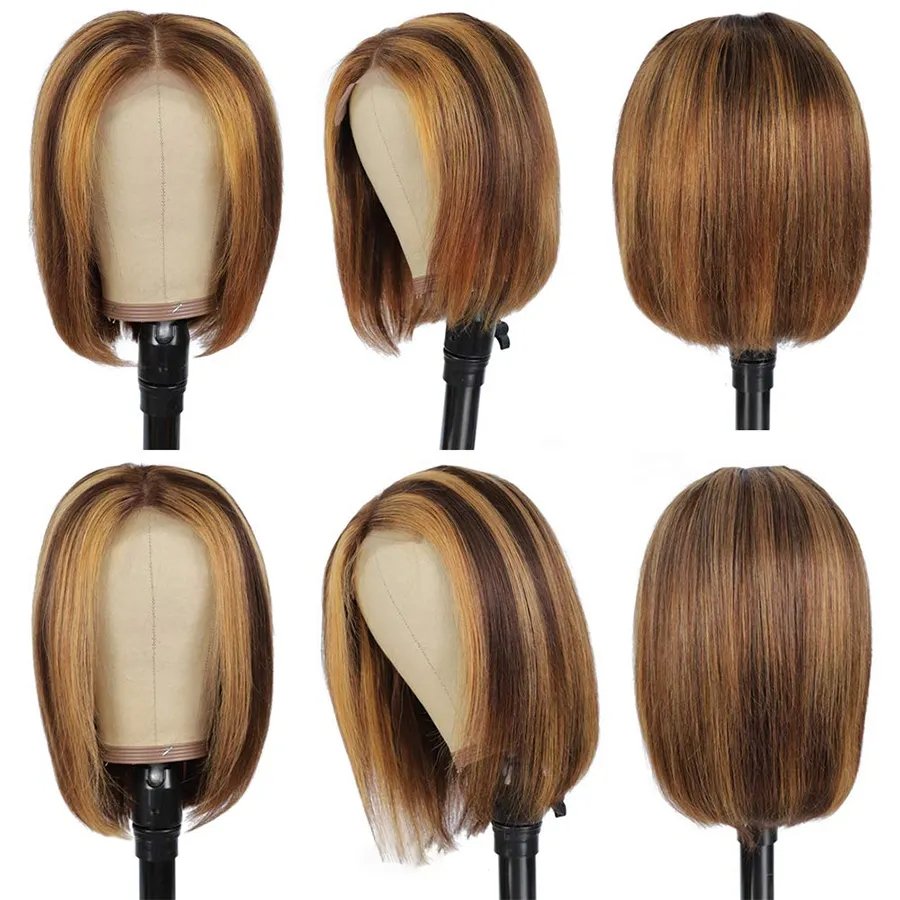 Best Vendor wholesale P4/27 Color Brazilian Human Hair Lace Wigs, Pre Plucked Straight Hair Short Bob Wigs For Black Women