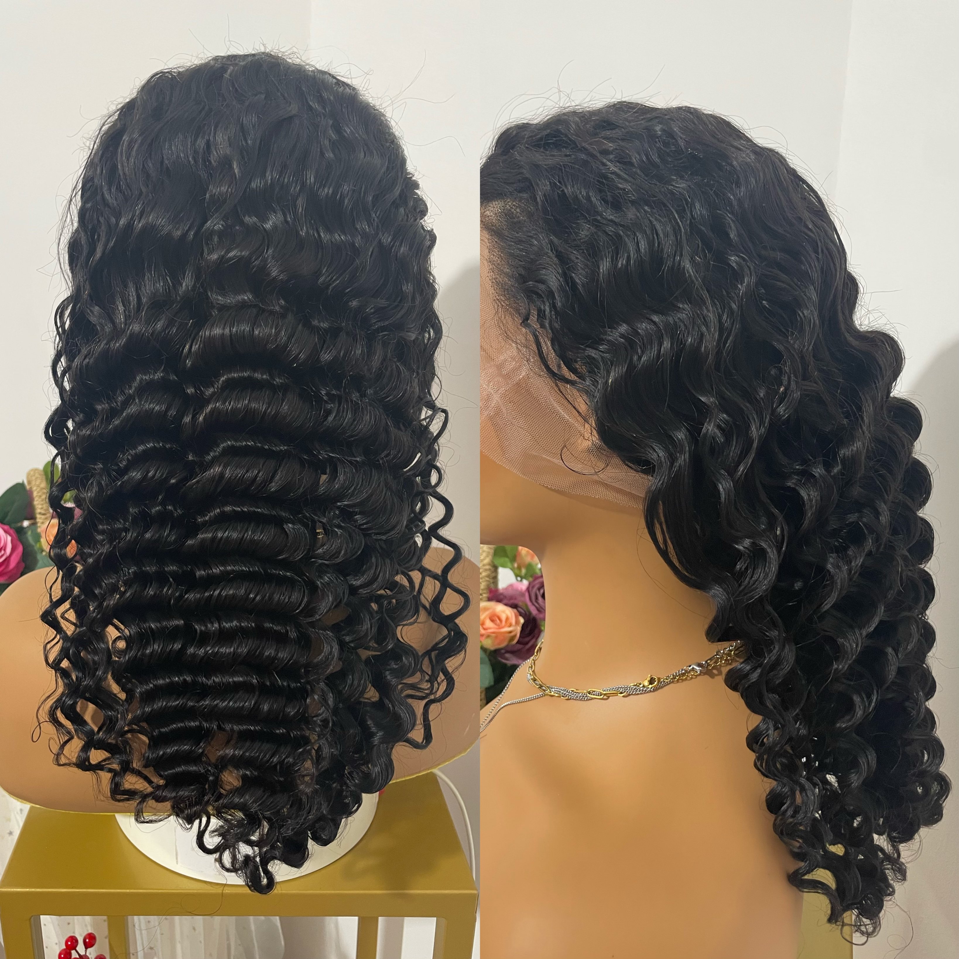 12A Grade Thick Density Brazilian Virgin Hair 13x4 Lace Front Wig with Deep Wave Black & Blond Natural Color Long Length Women