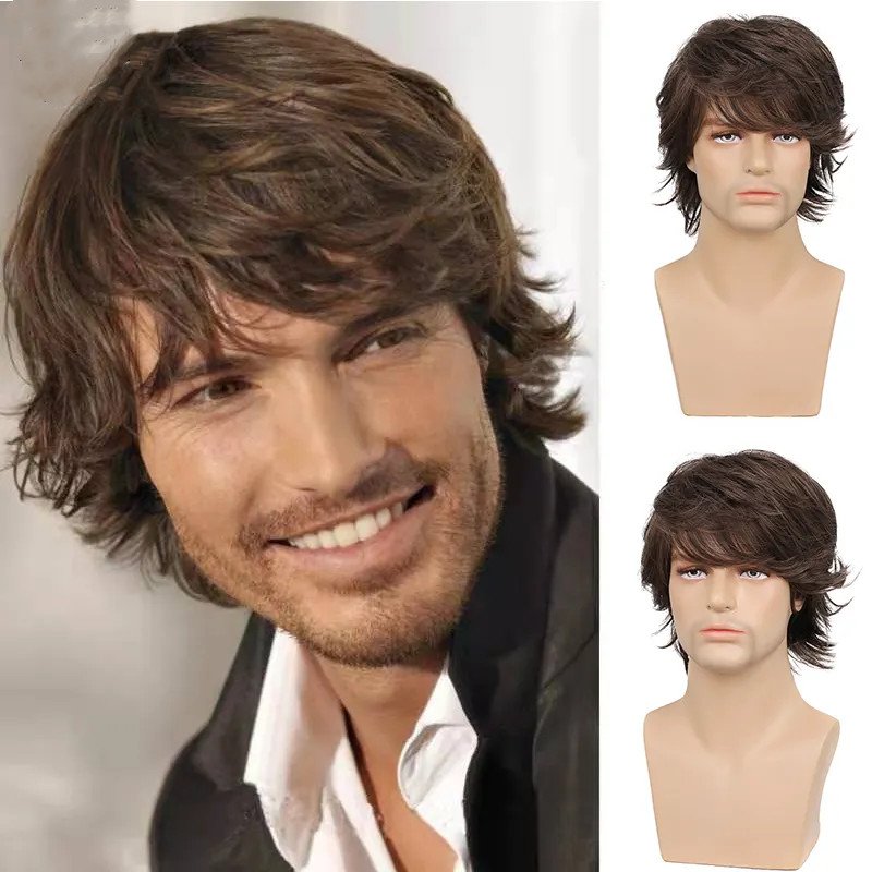 Wholesale Cheap Price Men's Realistic Natural Black Brown Color Men Wig Afro Short Curly Synthetic Hair Wig Toupee