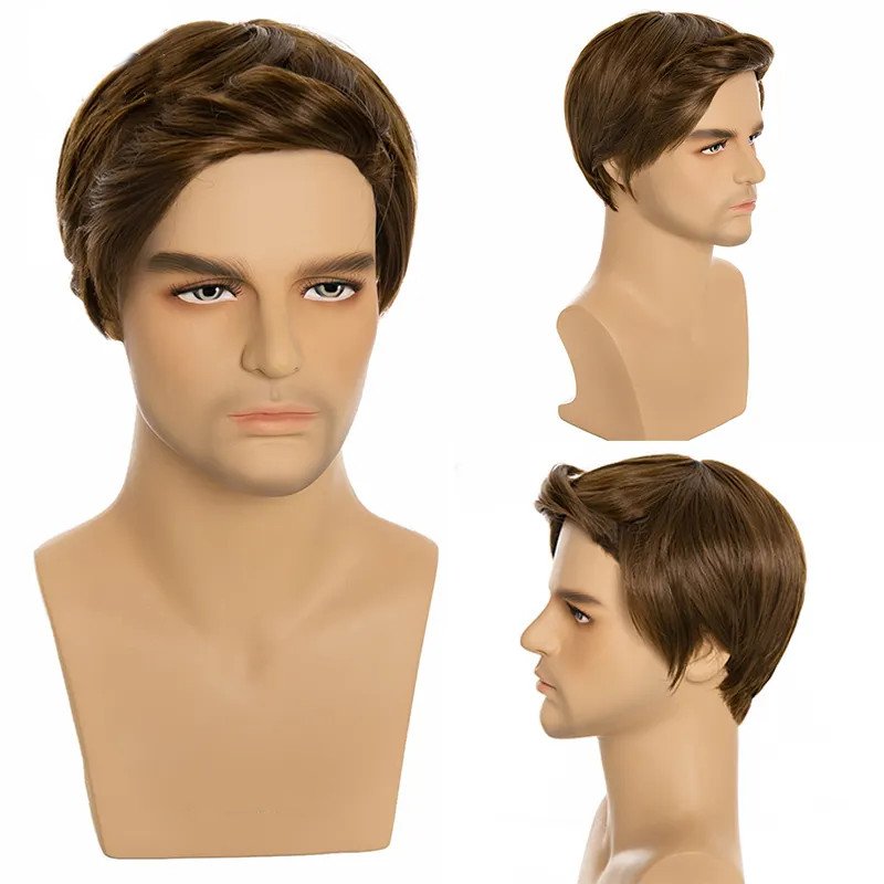 Wholesale Cheap Price Men's Realistic Natural Black Brown Color Men Wig Afro Short Curly Synthetic Hair Wig Toupee
