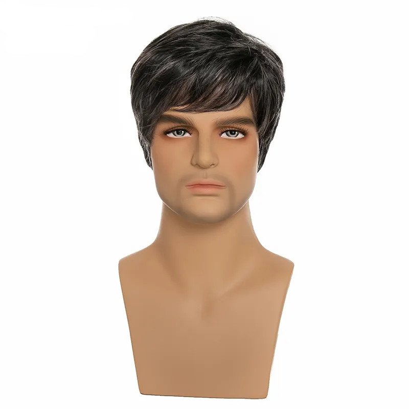 Wholesale Cheap Price Men's Realistic Natural Black Brown Color Men Wig Afro Short Curly Synthetic Hair Wig Toupee