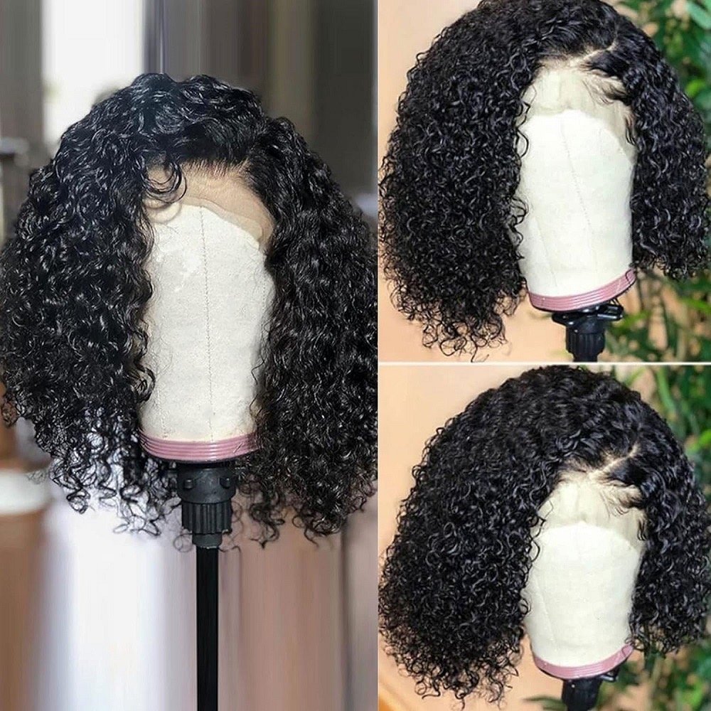 JINRUILI Wholesale Synthetic Hair Short Water Wave Wig Black Fluffy Small Afro Curly Natural Wig 13*6 Frontal Lace Wig for Woman