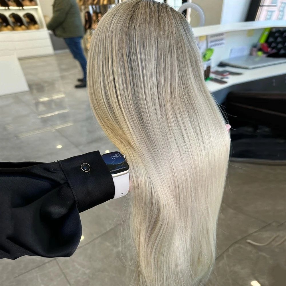 Ash Roots Blonde Ombre Human Hair Wigs Full Lace Wig Virgin Hair Pre Plucked Hairline HD 13x6 Lace Frontal Wig 150% Density